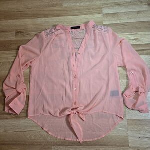 Mine Peach Button Up Top Lace Mesh Boho Blouse Womens Medium